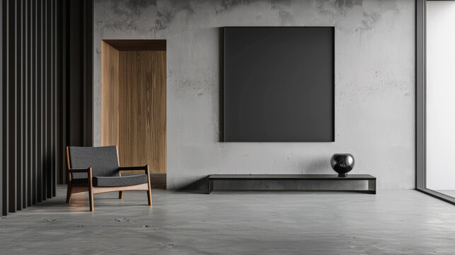 Sala espaciosa interior minimalista con pared gris de hormigon arquitectonico y suelos porcelanicos . marco con cuadro vacio en pared para mostras producto en tono negro, sillon 