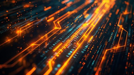 Fototapeta premium Digital circuit board with dynamic orange lines. Symbolizes high-tech, circuitry, and data processing, perfect for technology and innovation-related visuals.