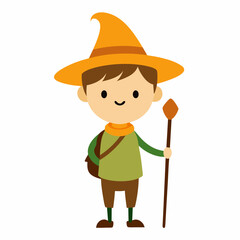 simple cartoon sketch of a child who is a hiker, nature explorer who is wearing a wizard hat on a clean white background with a walking stick