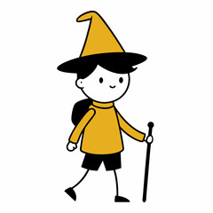 simple cartoon sketch of a child who is a hiker, nature explorer who is wearing a wizard hat on a clean white background with a walking stick