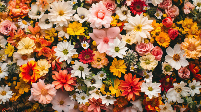 Burst of colors in floral backdrop, vibrant artificial flowers for decoration. Ideal for events, home decor, and backgrounds in design projects.