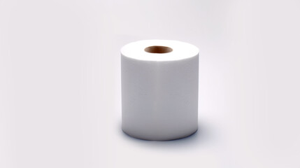 A single, white toilet paper roll is shown on a plain white background