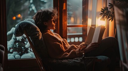 Obraz premium A woman sits in a chair, holding a book, but her eyes are gazing off into space, lost in thought. The soft, warm lighting of the room emphasizes her sense of detachment. Generative AI