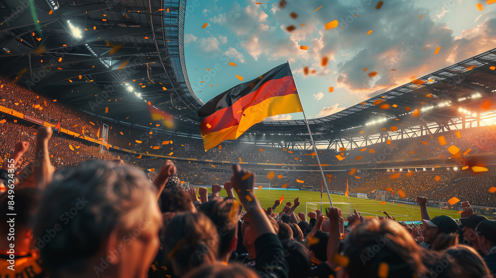 Wall mural german flag waving on soccer stadium with lot of fans. european football championship 2024 in german