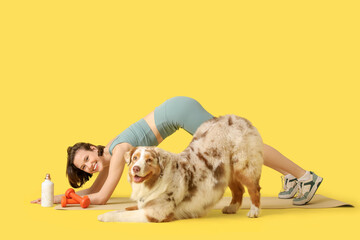 Sporty young woman exercising with cute Australian Shepherd dog on yellow background