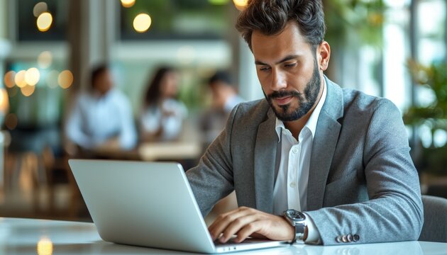 A focused businessman uses his laptop in a busy cafe environment Work, focus, and technology are evident