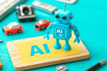 Obraz premium AI brain model with a toy robot, representing artificial intelligence, cognitive computing, and innovative technology in a playful design.