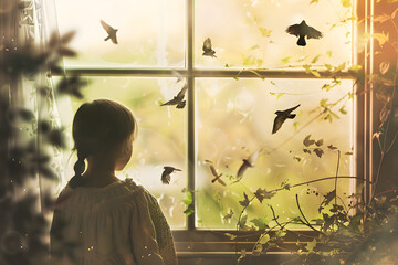 A young girl watches birds flying outside a window