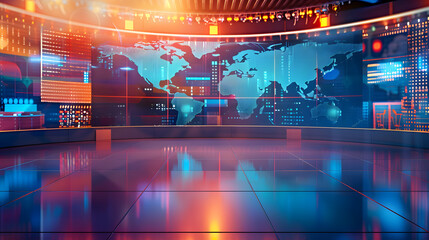 Modern 3D Render of News Studio with Digital World Map Background, Bright High-Tech Setting, Broadcasting Space for Global News Updates, Sleek and Futuristic Design, Evening Lighting