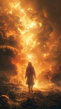 Chango wielding holographic thunderbolts in a surreal volcanic eruption of power