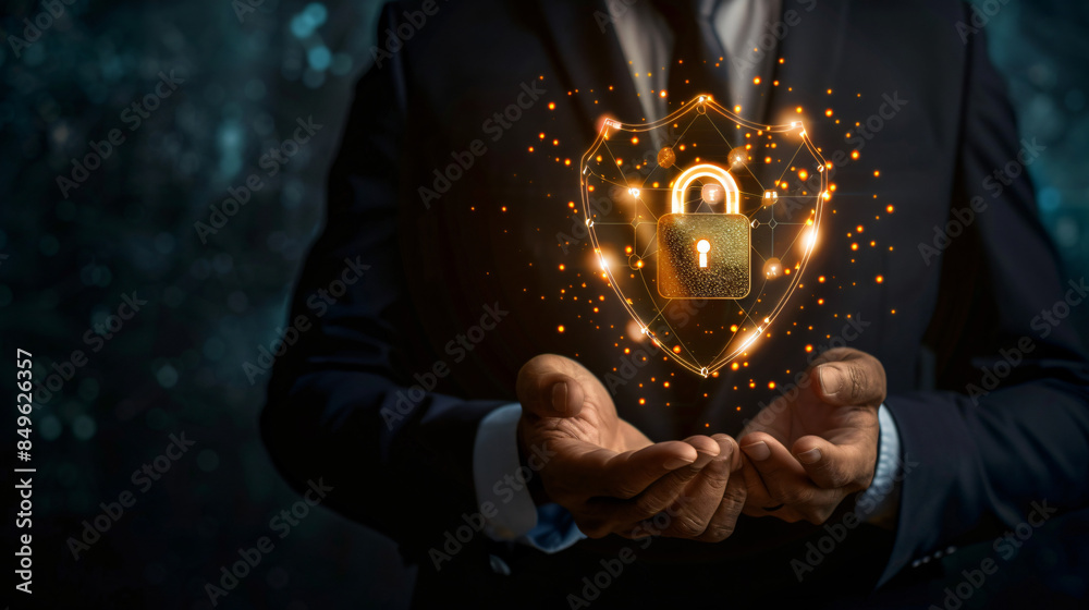 Poster businessman is showcasing a cyber security shield with a padlock, symbolizing data protection