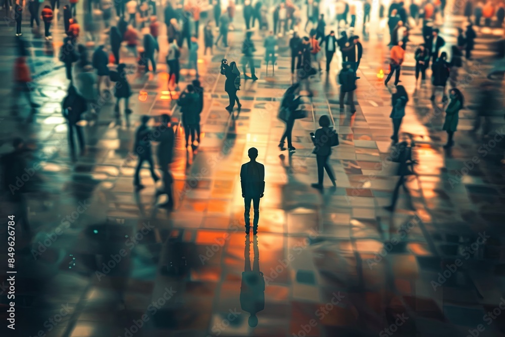 Poster A lone figure stands in a crowded city square, the surrounding people blurred and out of focus, creating a sense of isolation despite being surrounded by others. Generative AI