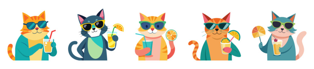Set of funny cats in sunglasses enjoying fruit cocktails, isolated on white background. Smiling felines with soft drinks. Concept of summer vibes, exotic beverages, vacation. Prints, design elements