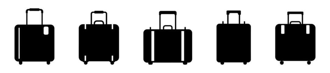 Set of black silhouettes of rolling suitcases, isolated on white background. Wheeled luggage bags. Concept of travel, tourism, vacation, business trips, luggage portability. Print, design elements