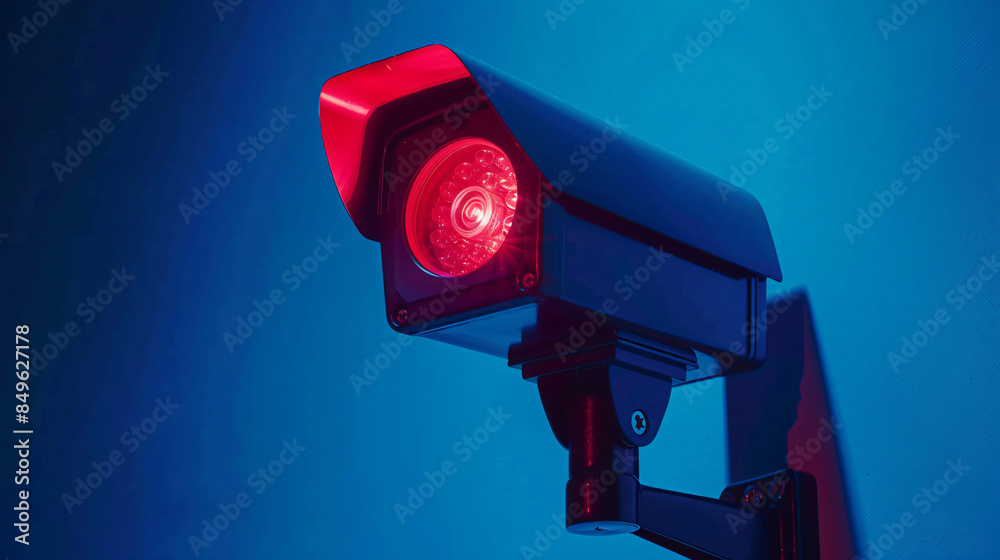Aufkleber unsettling atmosphere created by a security camera on a blue wall, illuminated by red light