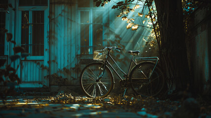 Obraz premium Vintage Bicycle Parked Beside Old Wooden House with Golden Sunlight Filtering Through Trees, Serene and Nostalgic Atmosphere