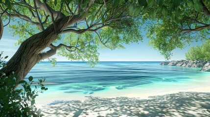 A serene beach with turquoise water, white sand and lush green trees in the foreground. The perspective is seen from under one of the tree branches and looks out to the sea.