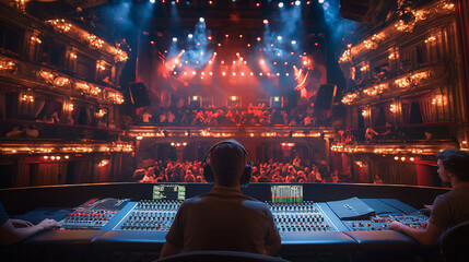 Sound engineer at work in a beautifully lit theater, adjusting audio equipment for an upcoming performance. Captures the essence of backstage preparations in a classic theater setting.
