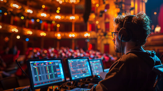 Sound engineer at work in a beautifully lit theater, adjusting audio equipment for an upcoming performance. Captures the essence of backstage preparations in a classic theater setting.