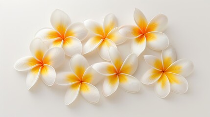 Naklejka premium White and yellow frangipani flowers on the right, against a blank light gray background. The flowers have large petals with light edges and small stamens visible in their centers.