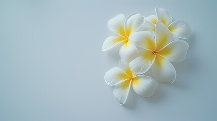 Naklejka premium White and yellow frangipani flowers on the right, against a blank light gray background. The flowers have large petals with light edges and small stamens visible in their centers.
