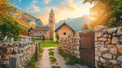 A village road leading to an old church, with stone walls and green fields on both sides, taken during the golden hour with warm colors and soft lighting. The sky is blue with white clouds.