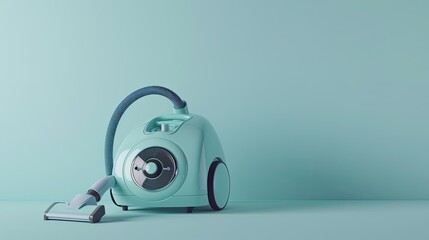 A simple design vacuum cleaner on a blue background with studio lighting in a high resolution photograph in a minimalist style with soft color tones and high detail.