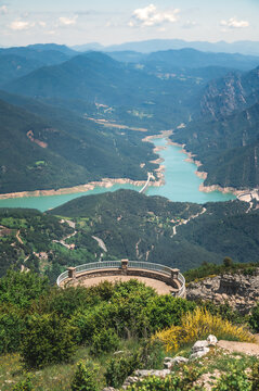 Panoramic view of the Mirador de la Figuerassa, Bergued&agrave;, Catalonia, Spain. Baells reservoir, Catllaras and Picacel mountains. City of Berga in the middle of a forest. Barcelona province, Cercs.
