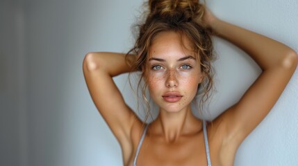 Beautiful Young Woman Posing for Self-Examination Photo Shoot Indoors