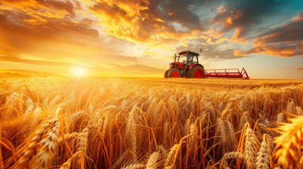 Fototapeta premium Rural background with a combine harvester working in a field of golden wheat, depicting the concept of grain harvesting. tractor harvesting crops on farmland at sunset. Close-up of a red combine.