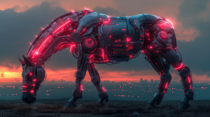 A robot horse with red lights on its legs and head. The horse is standing in the rain