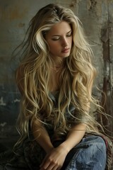 Naklejka premium beautiful woman with long blond hair elegance