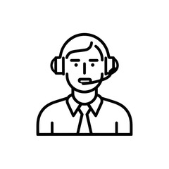 Minimalist Telemarketer Icon in Outline Style: Call Center Operator with Headset, Customer Service, Telemarketing Concept
