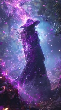 Hecate conjuring holographic spells in a surreal forest of magic