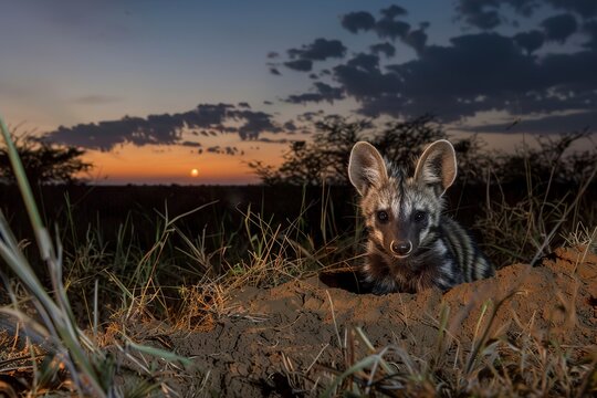 quirky aarwolf emerging from its den at dush