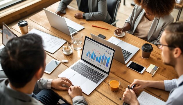 A corporate team is engaged in attentive analysis of financial graphs displayed on a laptop screen