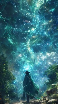 Hecate conjuring holographic spells in a surreal forest of magic