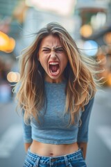 An Angry Pretty woman shouting on focused background