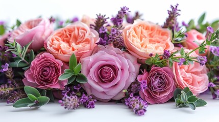Beautiful Bouquet of Flowers with Pink and Peach Roses on White Background