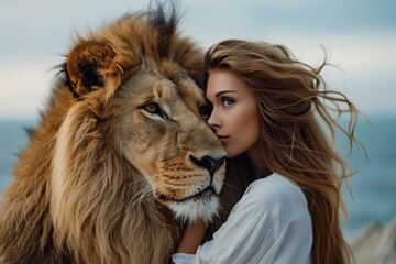 Young Woman Standing Next to Lion
