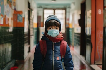 Fototapeta premium A Child with face mask back at school