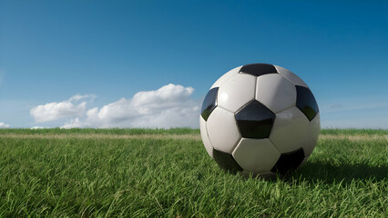 Soccer Ball on Lush Green Field under Azure Sky Photorealistic