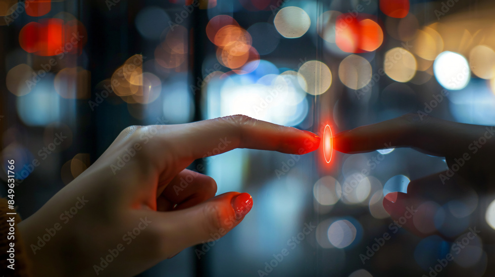 Aufkleber Woman using a futuristic interface, pressing a glowing red button on a see-through screen with city lights in the backdrop
