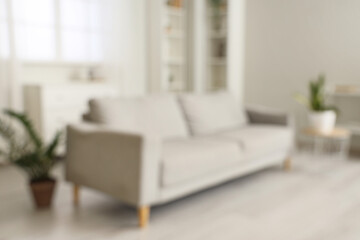 Blurred view of light living room with grey sofa, plants and shelf units
