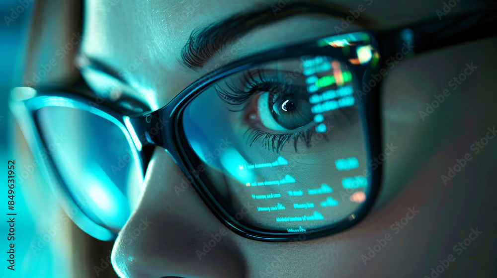 Aufkleber Woman programmer is working late and debugging code reflecting in her glasses