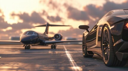 luxuary car and private jet on landing strip. 