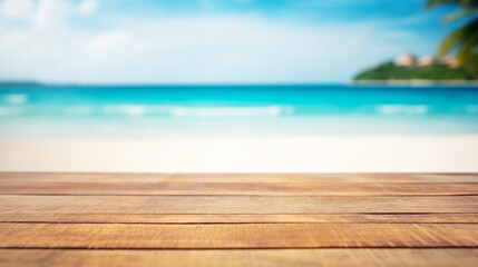 Wooden Desk of Free Space Against Tropical Beach