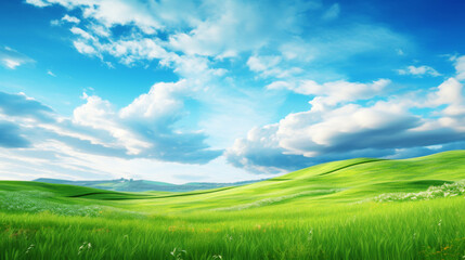 Obraz premium Green Hills Meadows Under Blue Sky White Clouds Panorama Banner