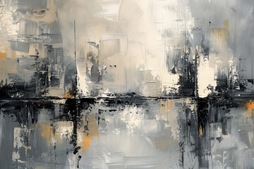 Black, White, Gray and Gold Abstract Modern Art Acrylic Canvas Painting. Brush Strokes Texture