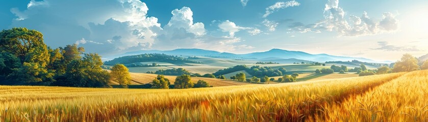 Obraz premium Serene countryside landscape with golden fields under a blue sky and distant hills. Perfect representation of nature and tranquility.